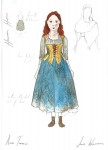 a water coloured sketch os a woman wearing a period style dress, this includes a grey three quarter length top underneath a yellow corset which is falling apart and a tattered, muddy blue skirt