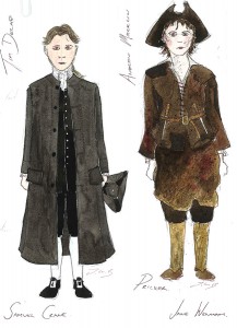this is a water coloured sketch of a man in a smart black robe with a grey overcoat and grey hat in his hand wearing smart black buckled shoes. Next to this drawing is another of a man dressed in a brown jacket with a belt around his waist and pantaloons and socks in coordination with the rest of the costume
