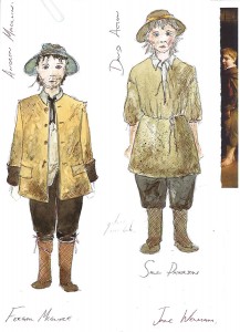 this sketch includes a man in a worn, yellow jacket with a shirt underneath which is untucked from his trousers, on his head he is wearing a green hat he is drawn with a sketchy beard which portrays him to be unmaintained. On his feet he is wearing boots that come up to his knees. The character next to him is wearing a worn muddy beige tunic tied at the waist with a shirt underneath and a matching hat on his head which covers his white hair; on his feet are boots that end at the knee where is trousers tighten.