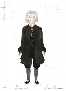 This sketch is of a man in period court style smart black robes and a white wig