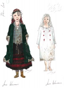 a water coloured sketch of a woman in a tattered period dress in grey with a red and black skirt, with a green coat over standing next to a woman in a muddy white night dress with six red dots parallel to each other three on each side going vertically down from the neck line