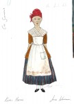 this is a water coloured sketch of a woman in a neat dress and apron which is slightly dirty and a bandana covering up her hair