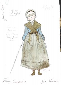 this sketch is of a woman waring a dirty grey skirt with a blue top and a brown belt around her waist and a shawl over her shoulders. Her hairs is covered by a wrap and her eyes have a bandage over them, she is holding a stick in one hand